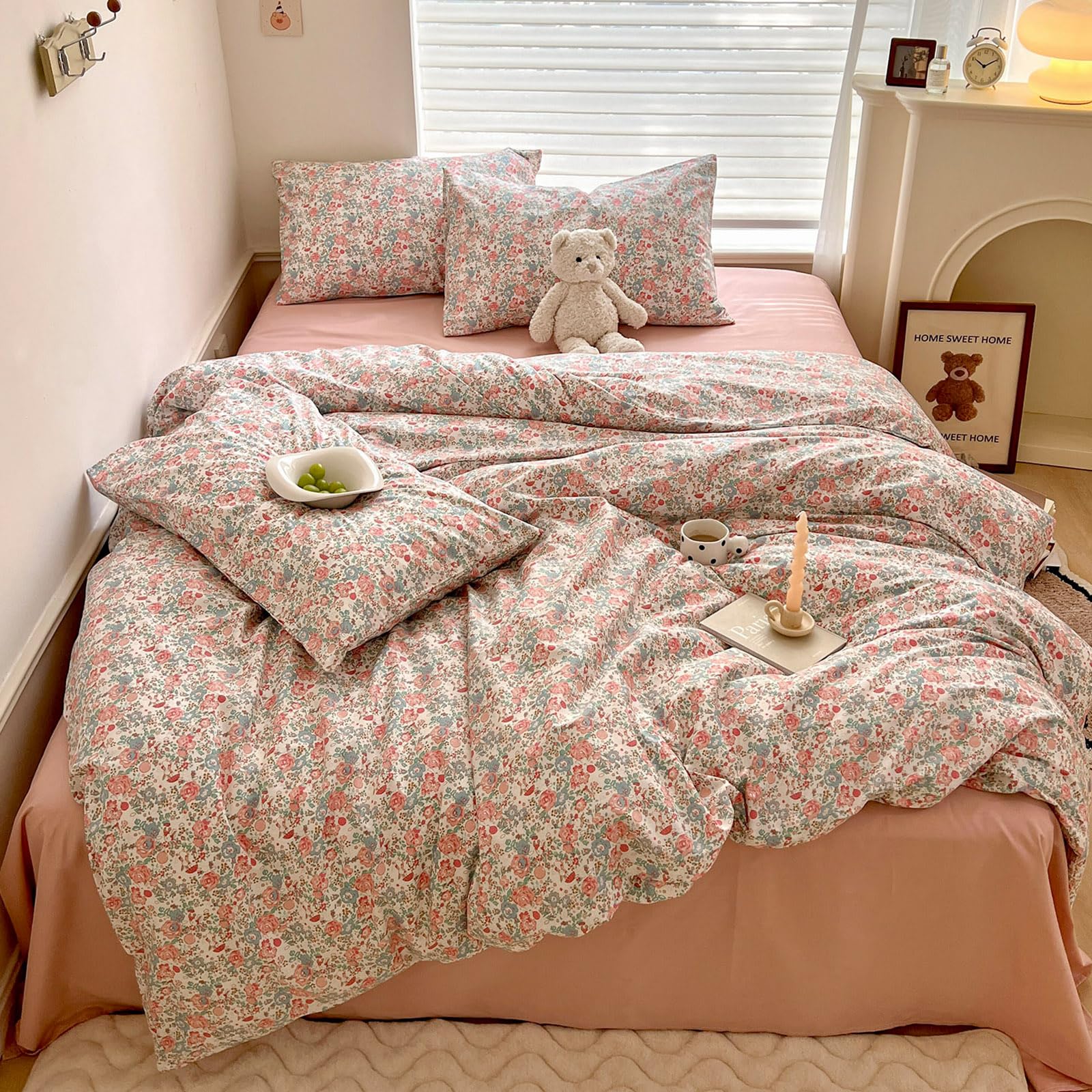 Duvet Cover Queen Pink Floral Bedding Set - Shabby Chic Boho Cotton Duvet Cover Queen Size - Breathable Comforter Cover With Zip